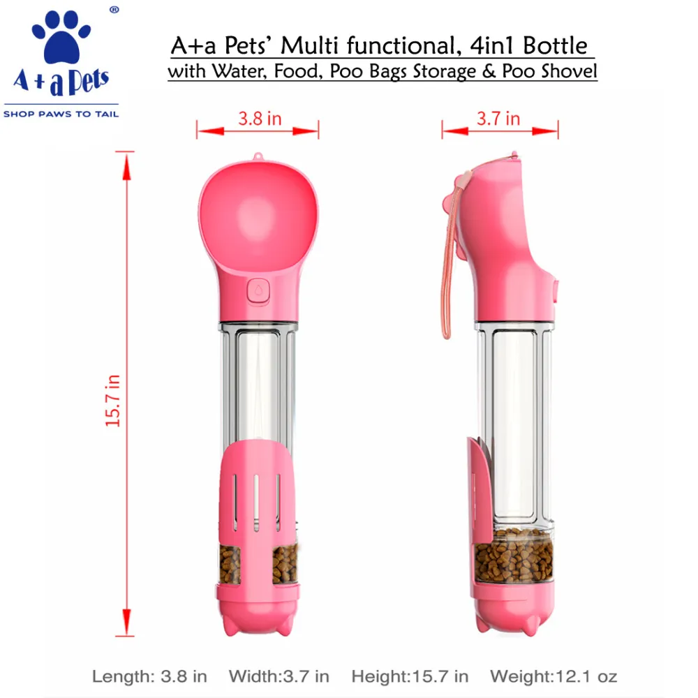 A Plus A Pets 4in1 Multi Functional Bottle With Water, Food, Poo Bags Storage & Poo Shovel for Dogs (Pink)