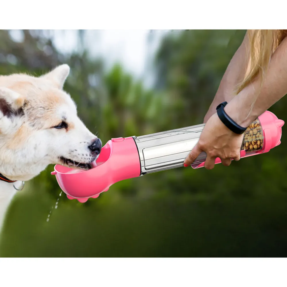 A Plus A Pets 4in1 Multi Functional Bottle With Water, Food, Poo Bags Storage & Poo Shovel for Dogs (Pink)