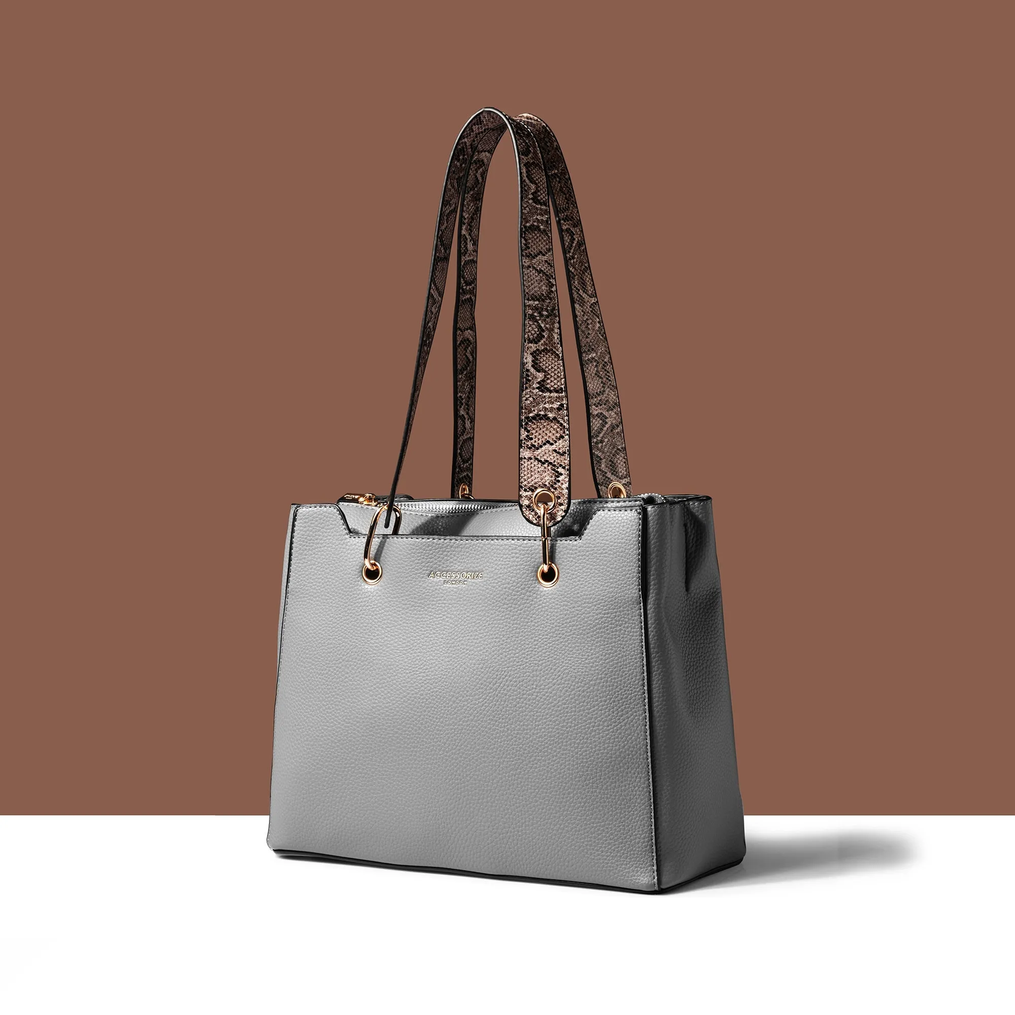 Accessorize London Women's Grey Contrast Snake Print Satchel