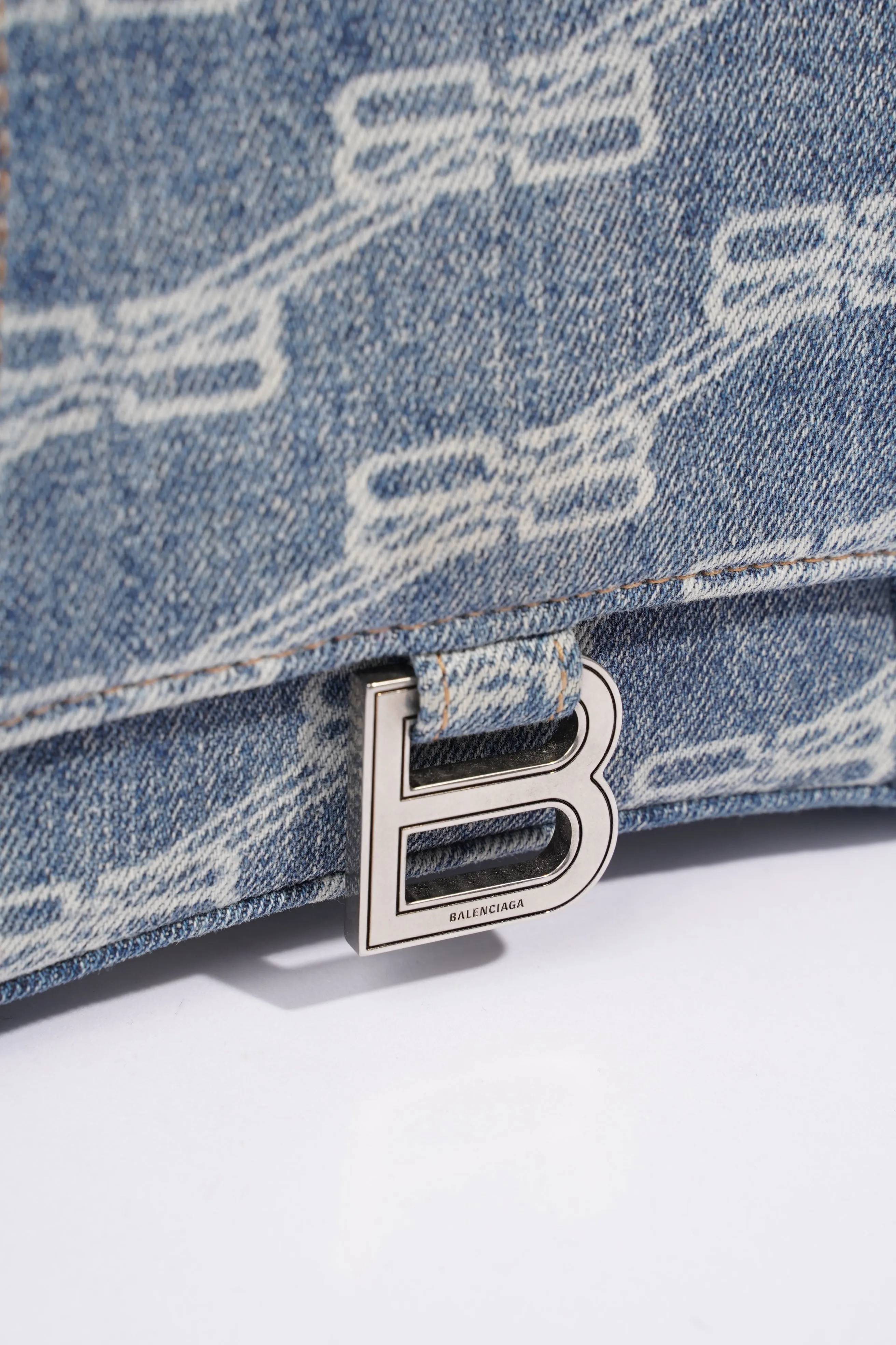 Balenciaga BB Monogram Hourglass Top Handle Bleached Denim Denim Small