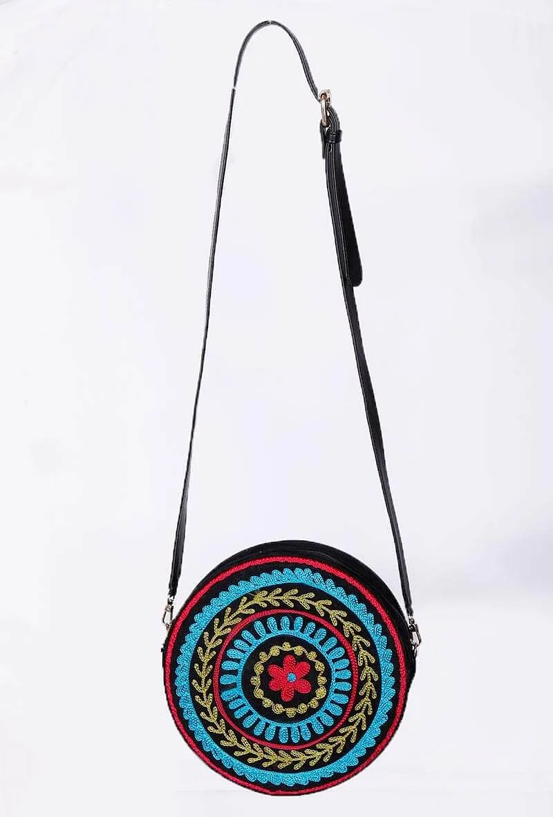 Black Aari Embroidery Round Suede Sling Bag