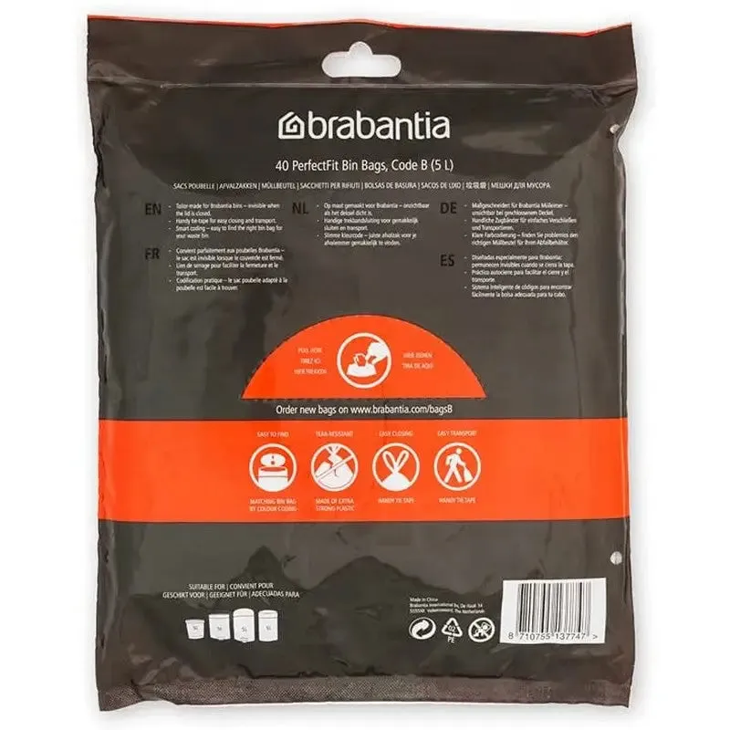 Brabantia PerfectFit Waste Bin Bags [Dispenser Pack 40 Bags] - Code B - 5-7L