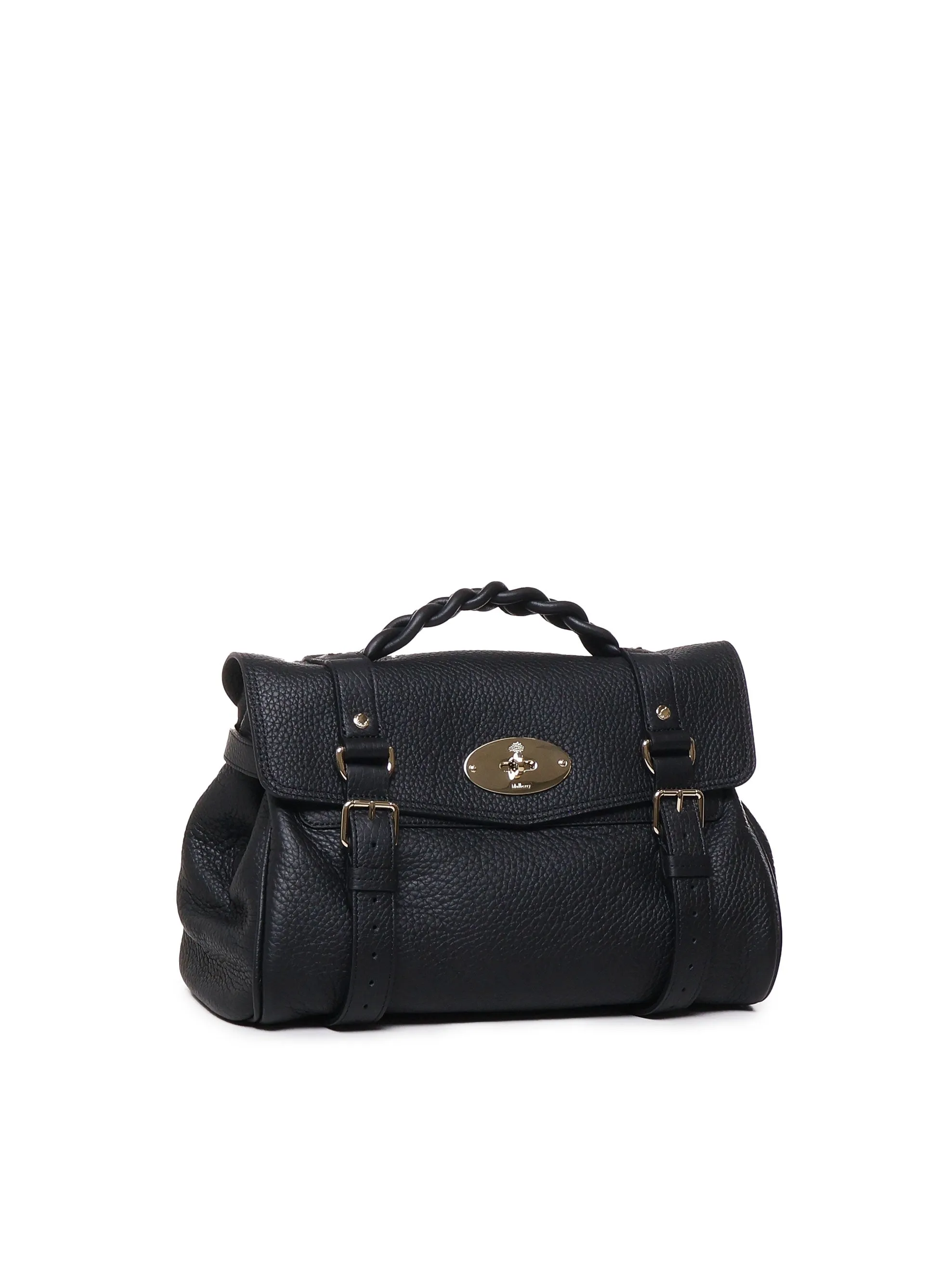 Braided Handle Black Leather Bag