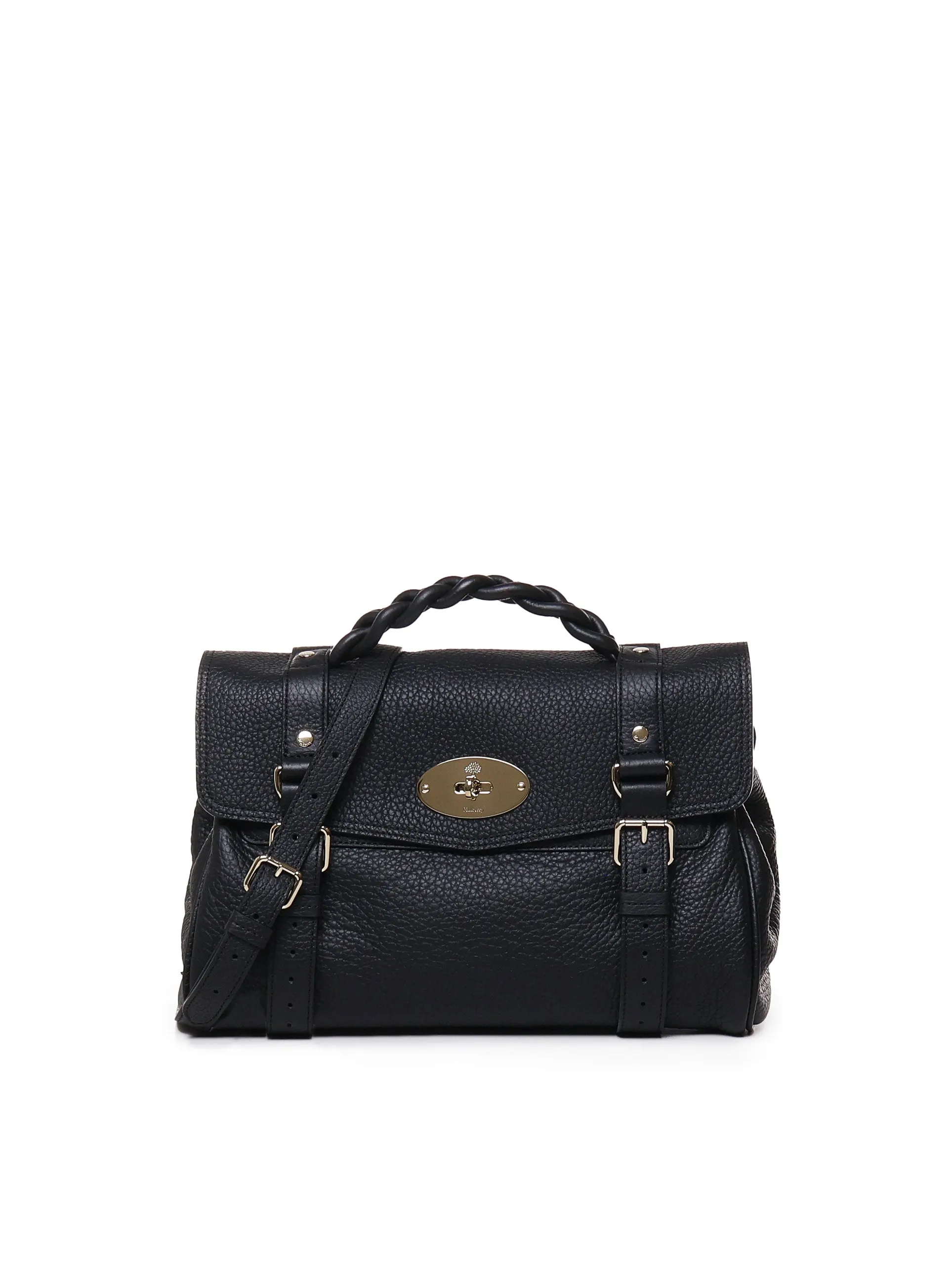 Braided Handle Black Leather Bag