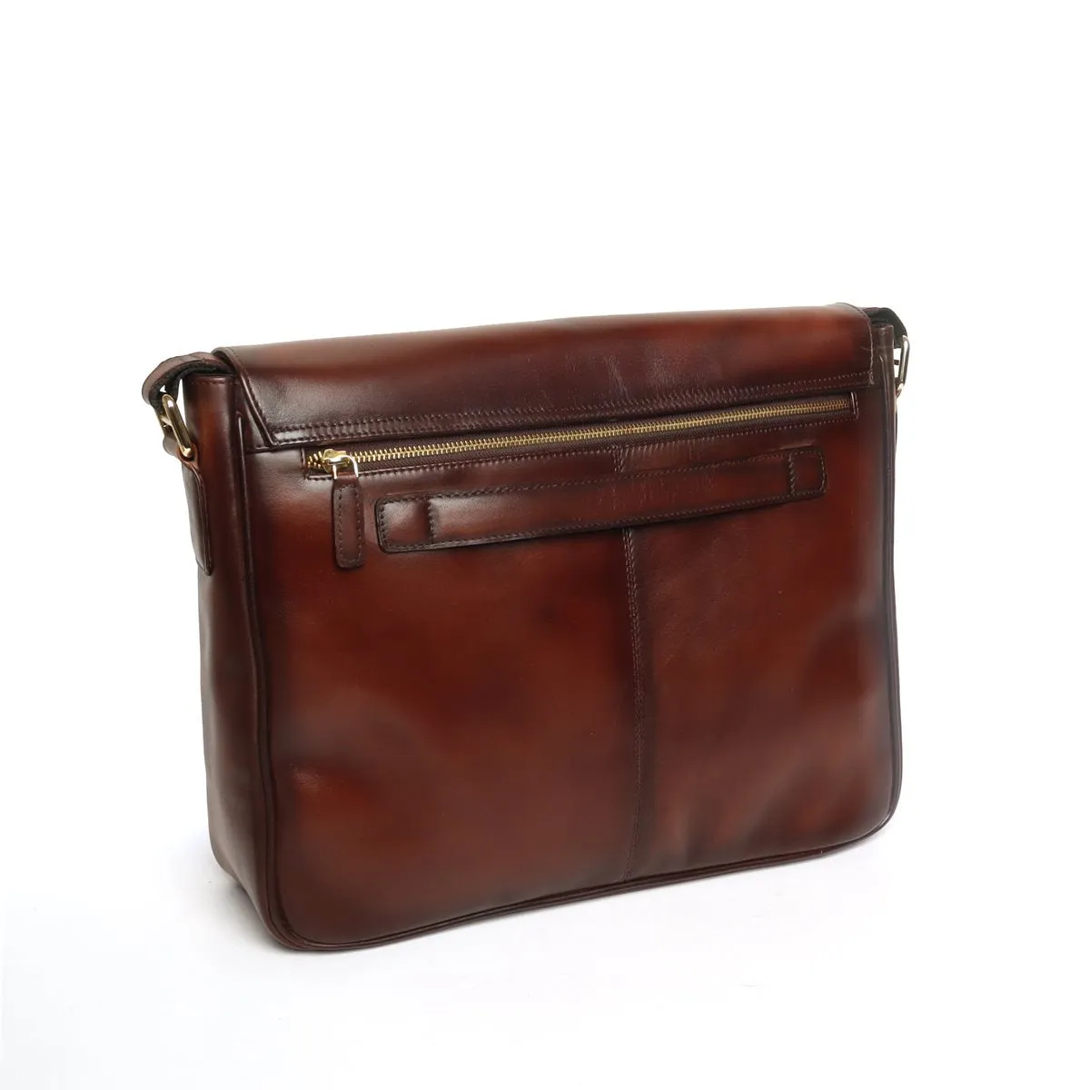 Brown laptop messenger bag with flap opening and push buckle lock by Brune & Bareskin