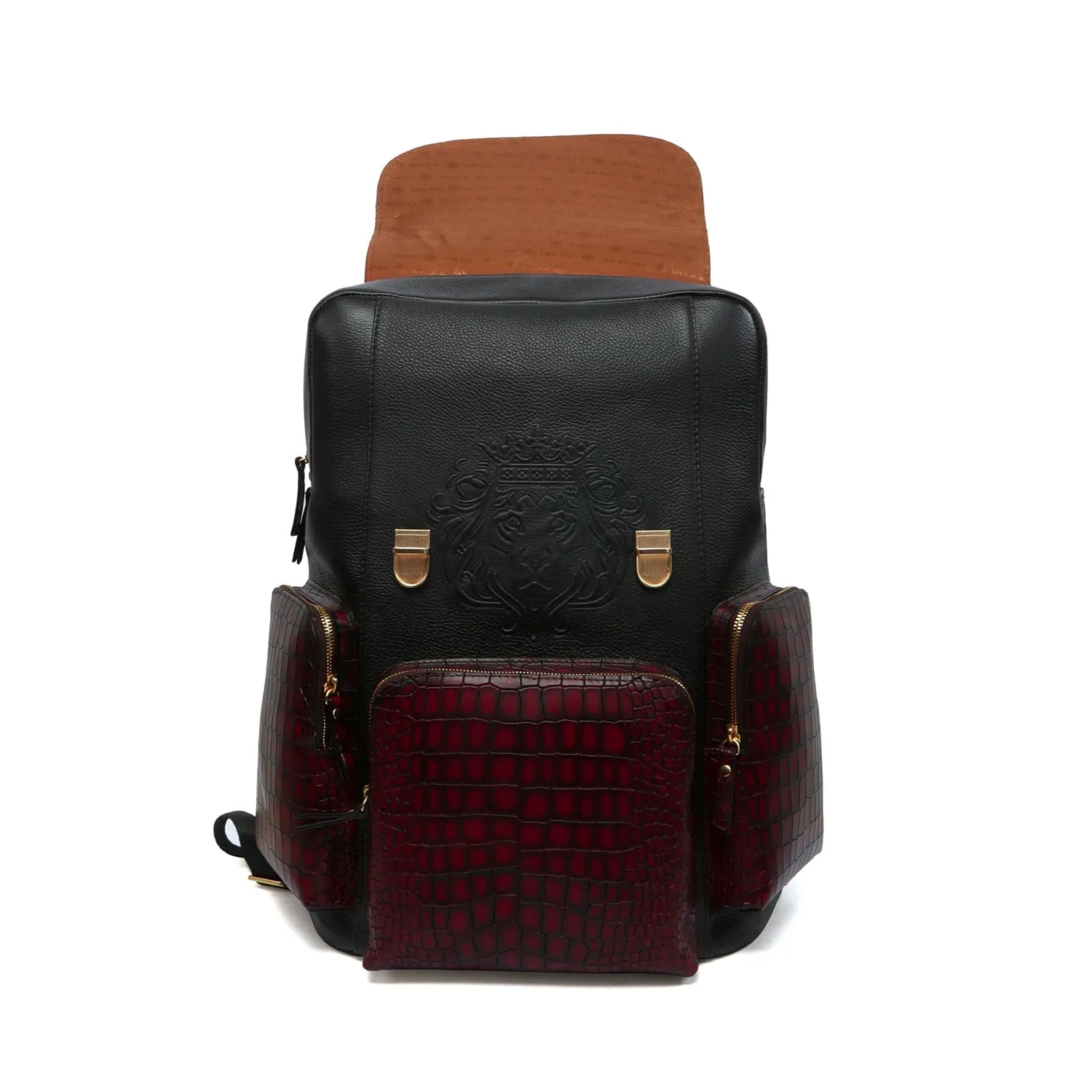 Contrasting Color Flap-Over Backpack in Croco Textured Genuine Leather