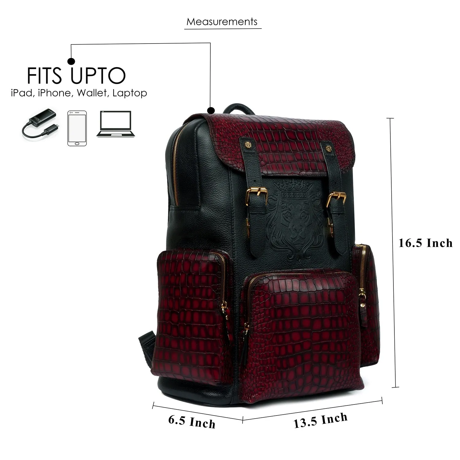 Contrasting Color Flap-Over Backpack in Croco Textured Genuine Leather