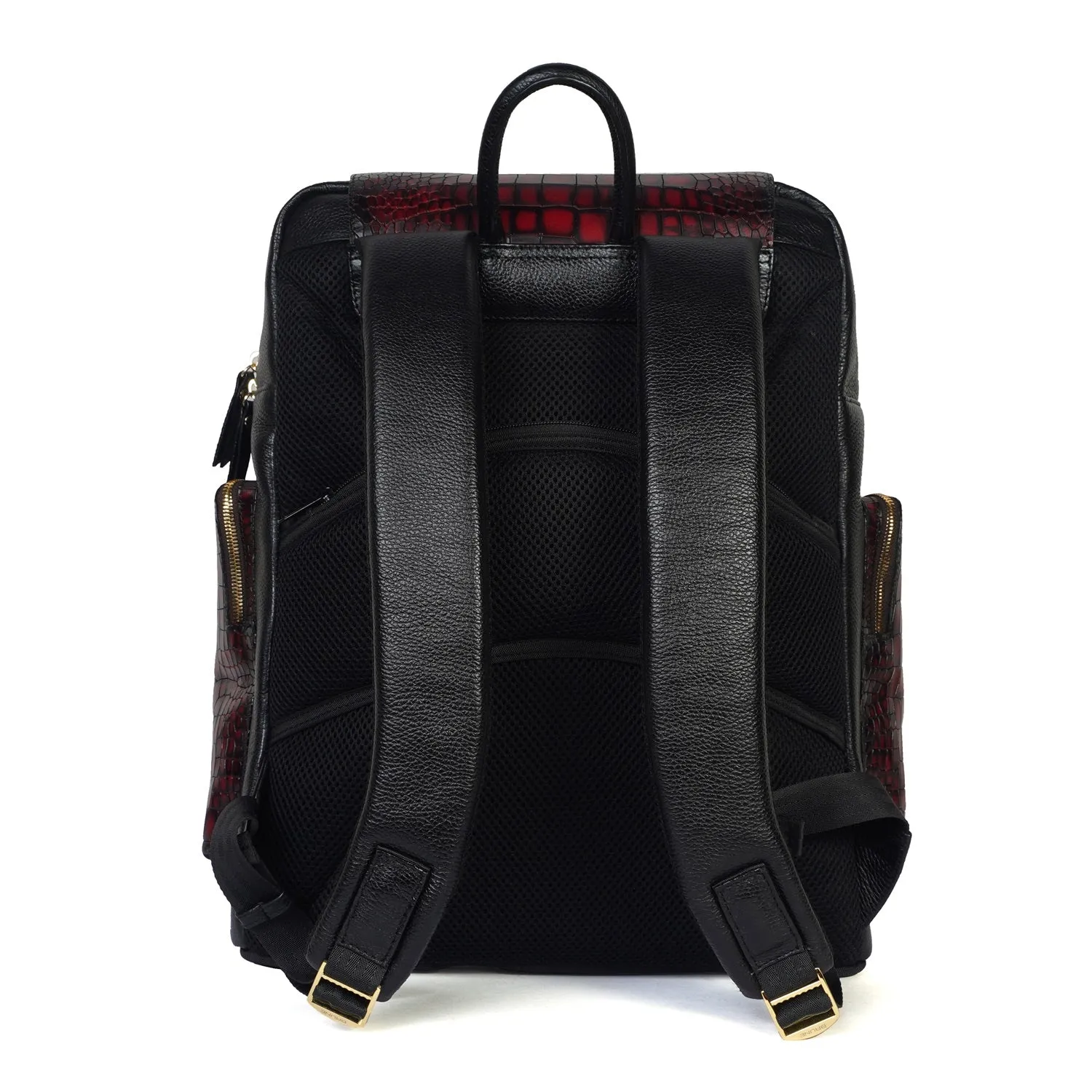 Contrasting Color Flap-Over Backpack in Croco Textured Genuine Leather