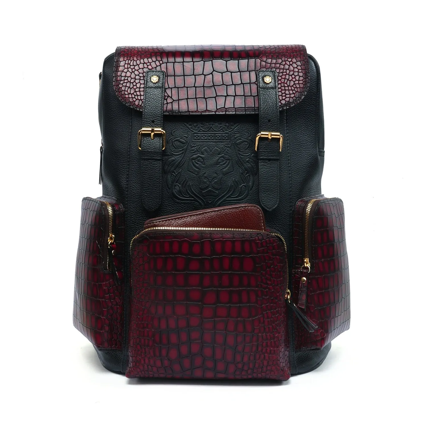 Contrasting Color Flap-Over Backpack in Croco Textured Genuine Leather