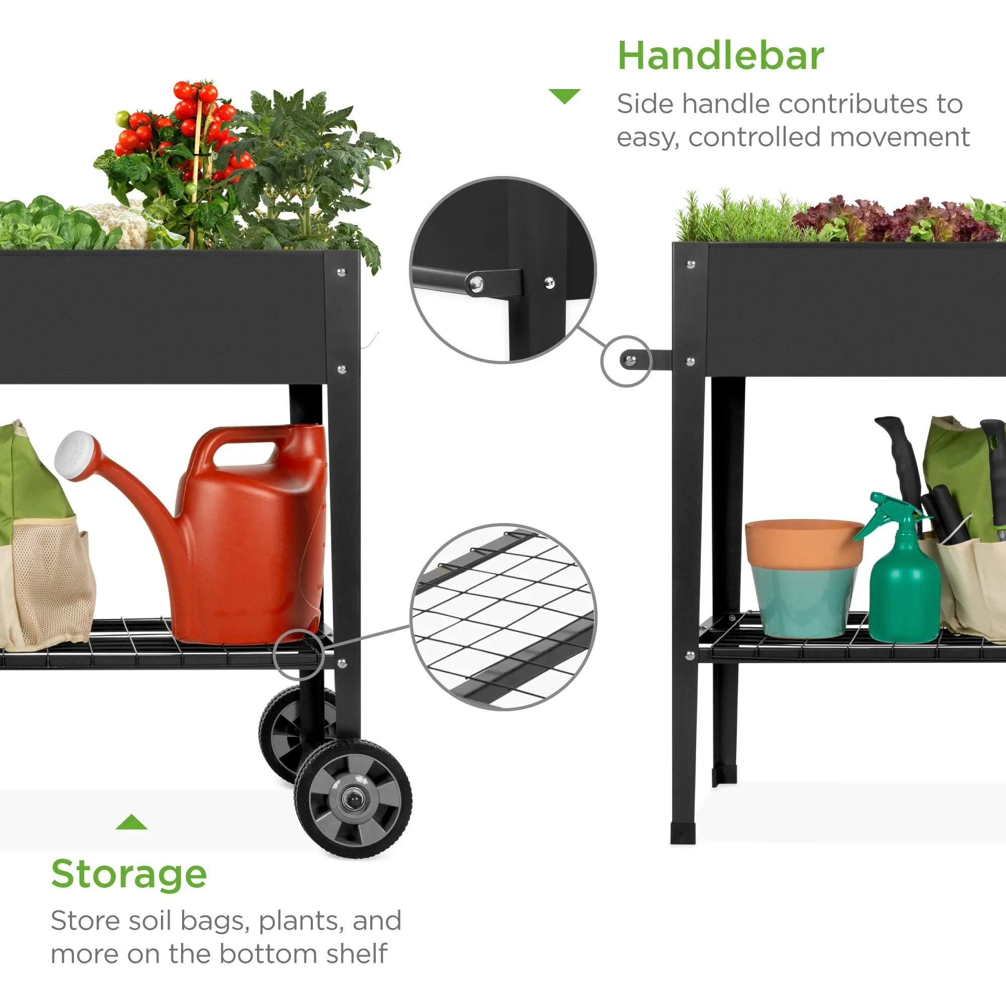 Elevated Ergonomic Mobile Raised Metal Garden Planter w/ Wheels - 38x16x32in