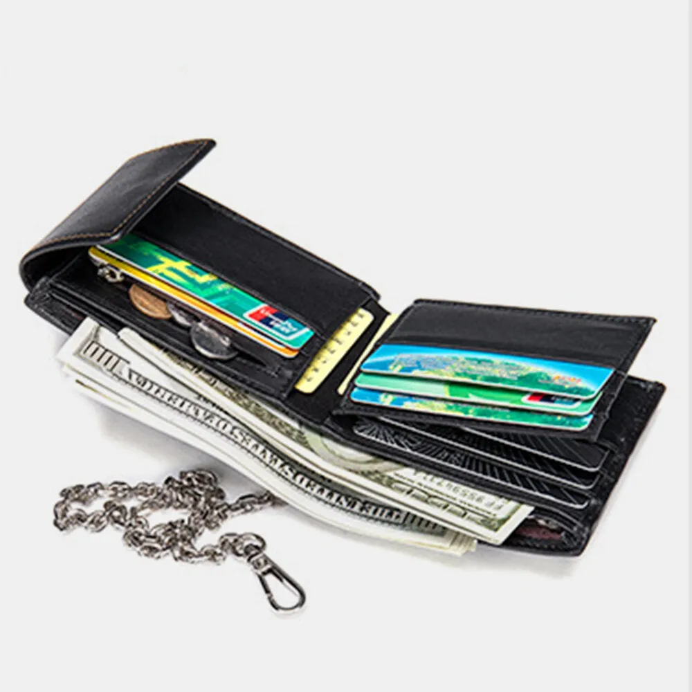 Men Genuine Leather RFID Blocking Anti-theft Retro Multi-functional Card Holder Wallet With Chain