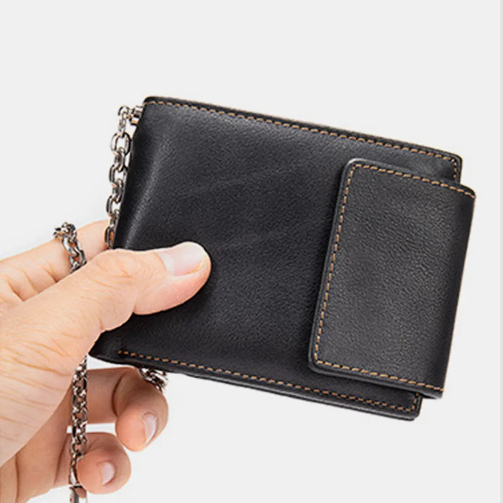 Men Genuine Leather RFID Blocking Anti-theft Retro Multi-functional Card Holder Wallet With Chain