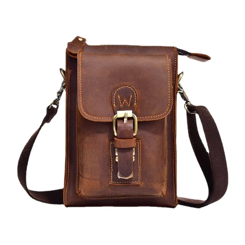 Men Genuine Leather Vintage Multi-functional Crossbody Bag Durable Belt Loop Waist Daily Belt Bag