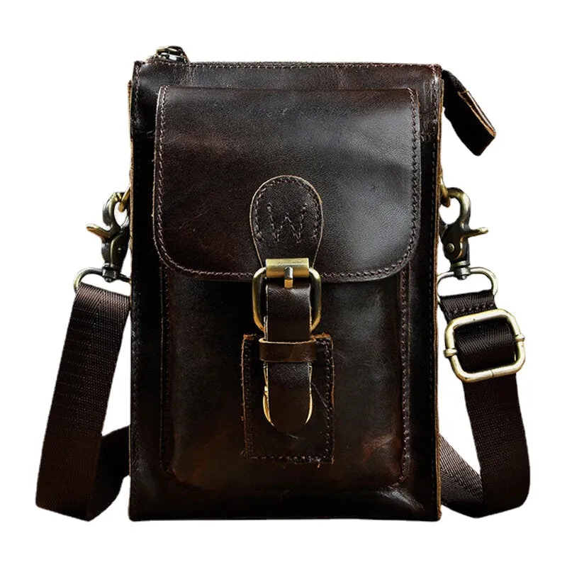 Men Genuine Leather Vintage Multi-functional Crossbody Bag Durable Belt Loop Waist Daily Belt Bag