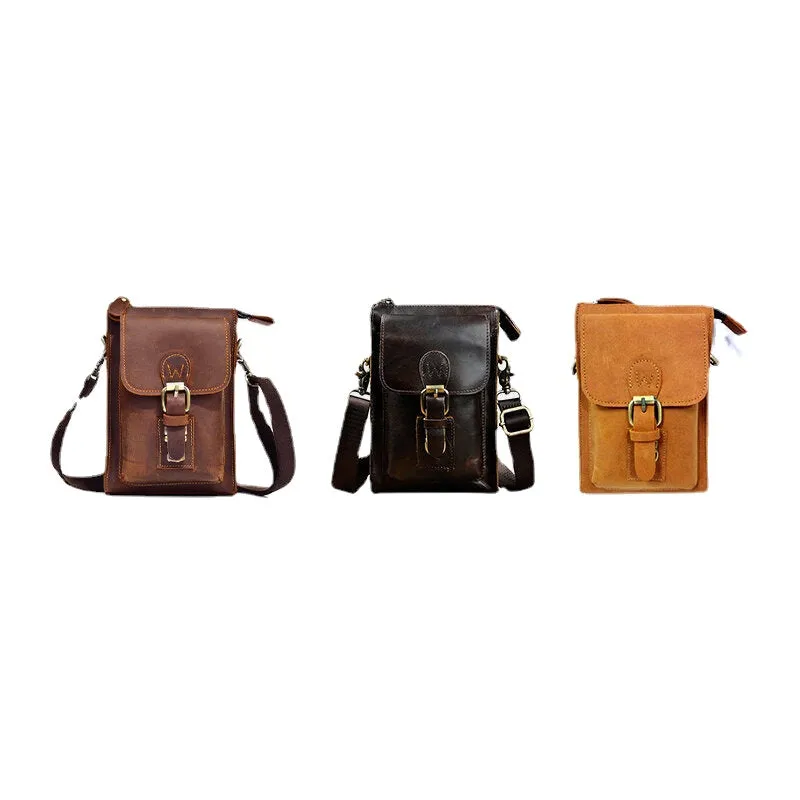 Men Genuine Leather Vintage Multi-functional Crossbody Bag Durable Belt Loop Waist Daily Belt Bag