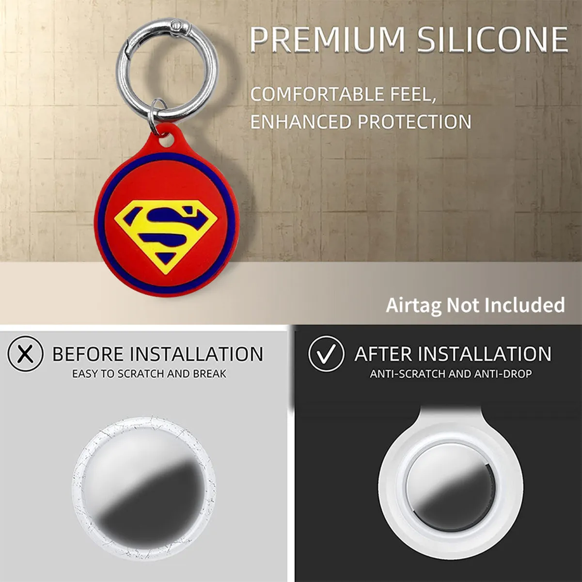 Silicone Key Ring Holder Case Cover Compatible with Apple Airtag (Superman)