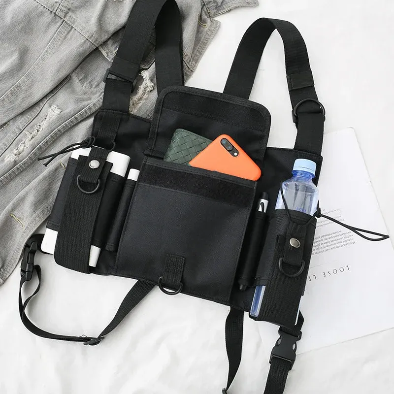 Sohiwoo Functional Unisex Multi Pocket Chest Bag Women Men Fashion Hip Hop Vest Streetwear Bag Waist Pack Black Chest Backpack