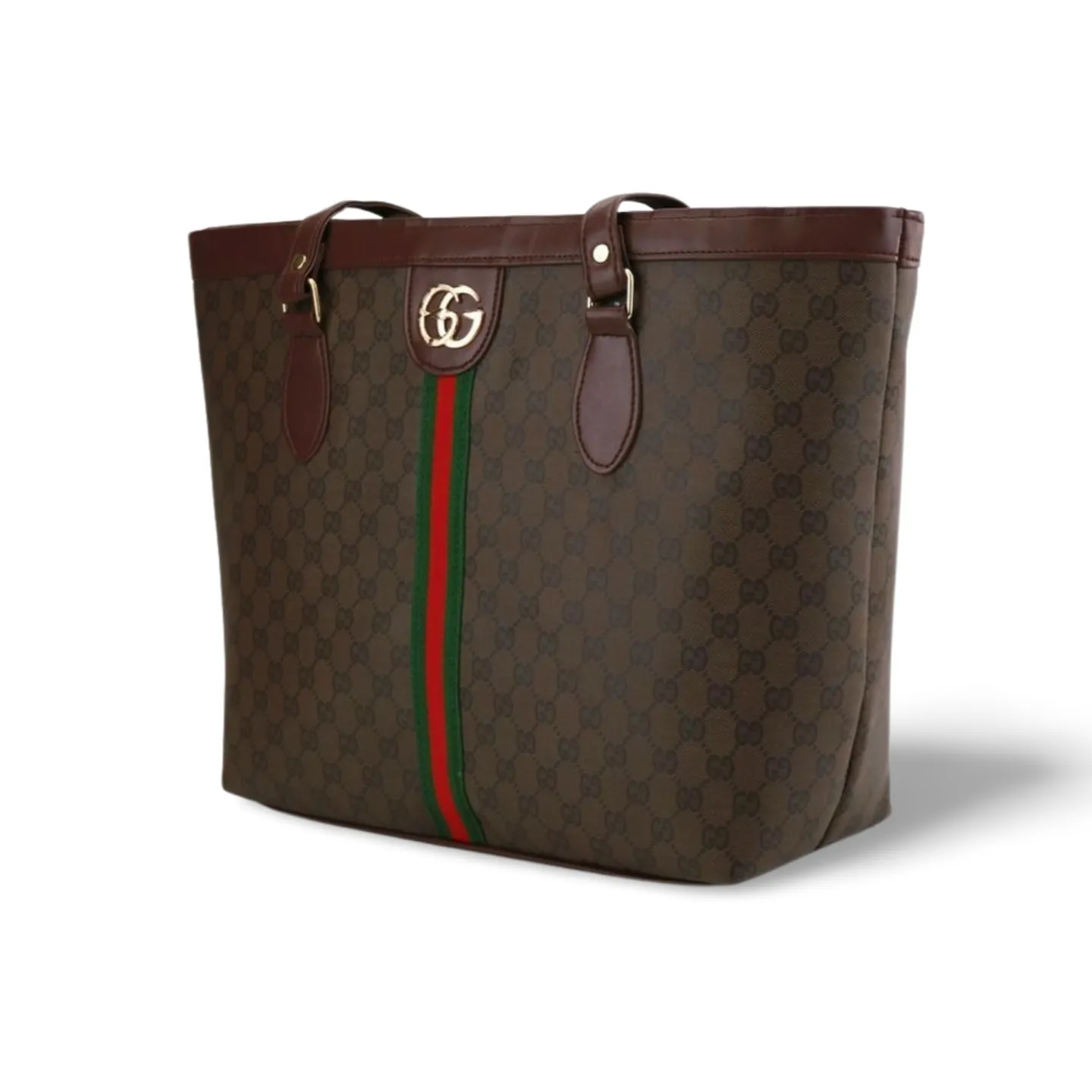 Spacious Brown Canvas Tote Bag with Web Stripe Design