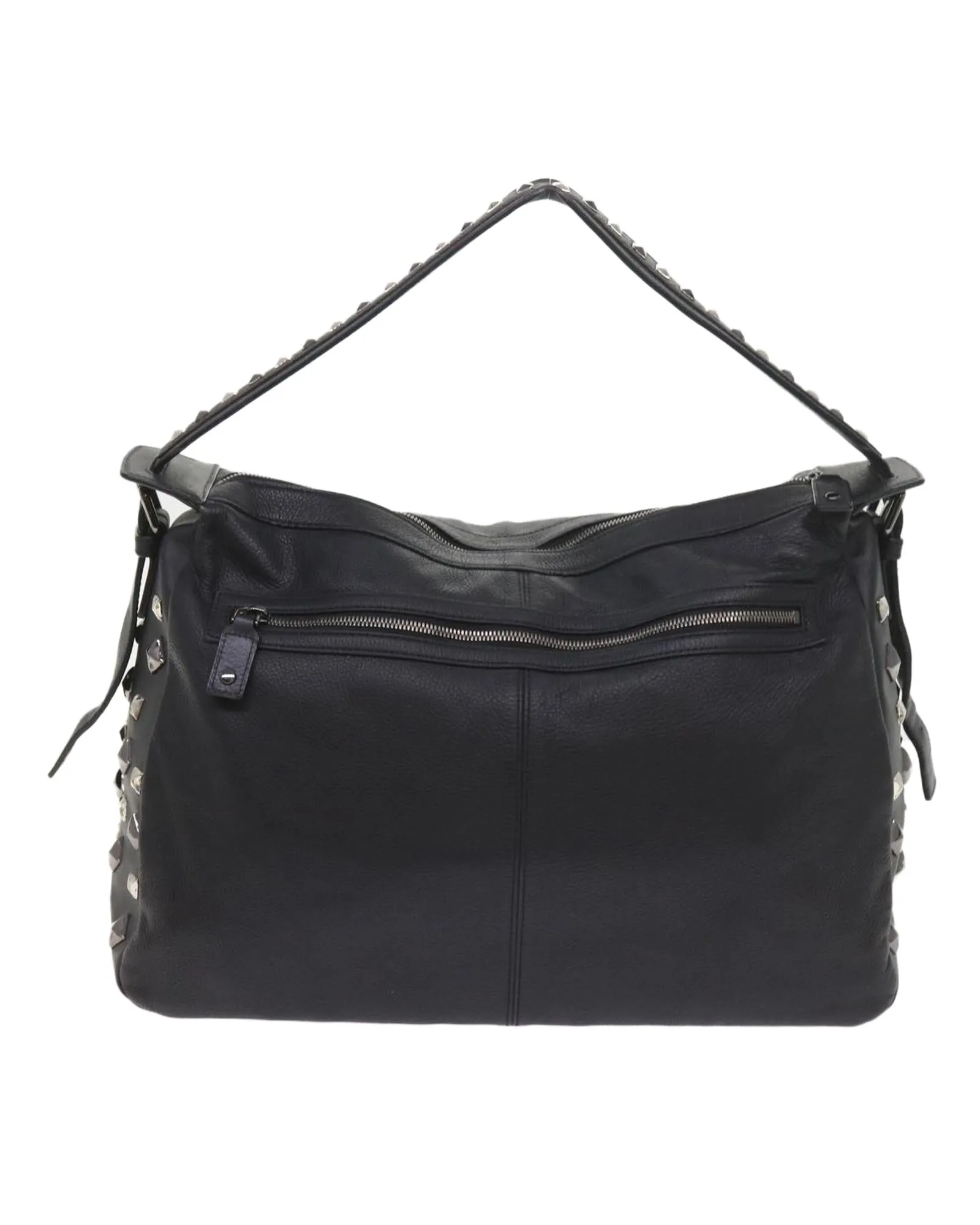 Studded Black PVC Leather Shoulder Bag with Logo Print