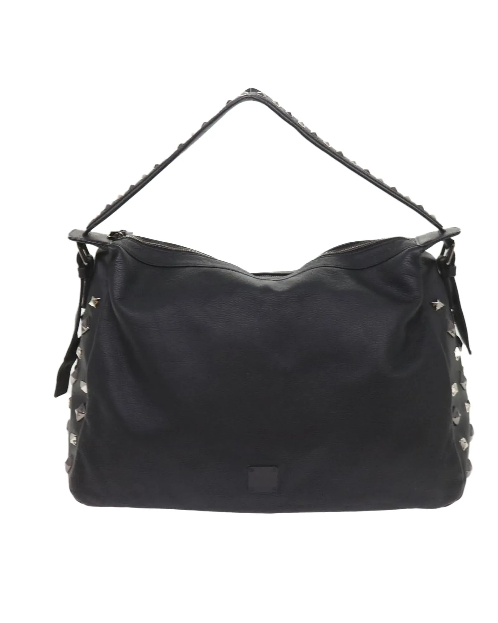 Studded Black PVC Leather Shoulder Bag with Logo Print