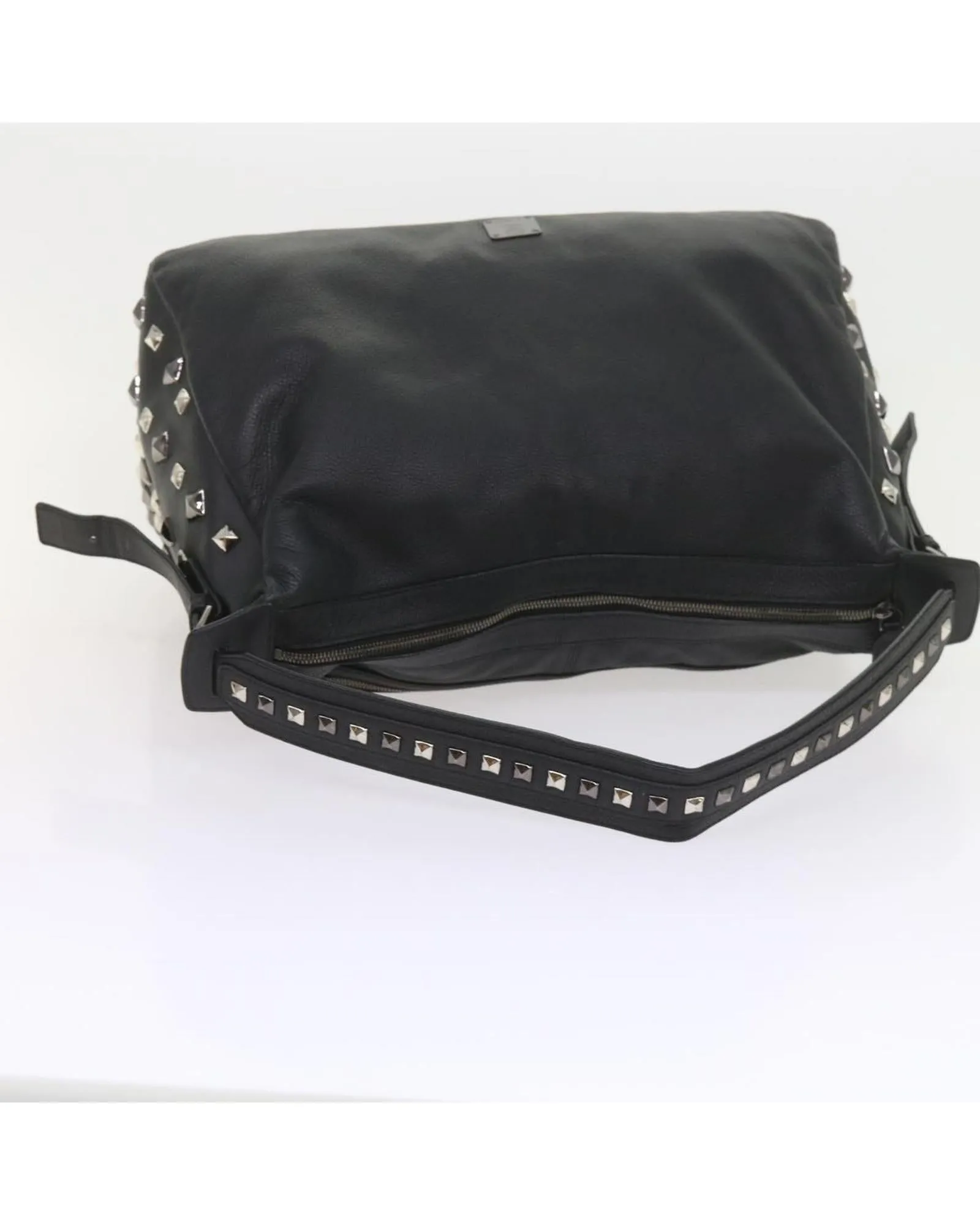 Studded Black PVC Leather Shoulder Bag with Logo Print