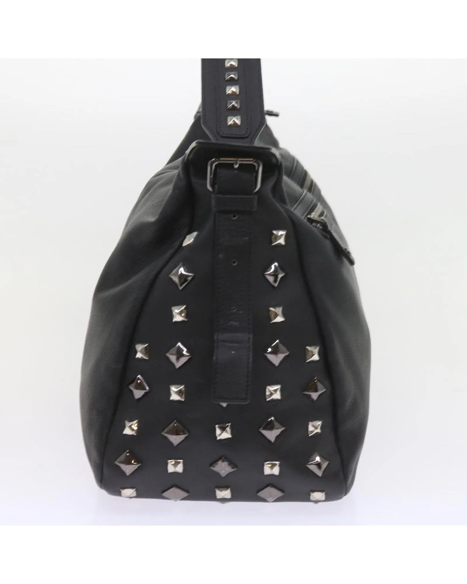 Studded Black PVC Leather Shoulder Bag with Logo Print