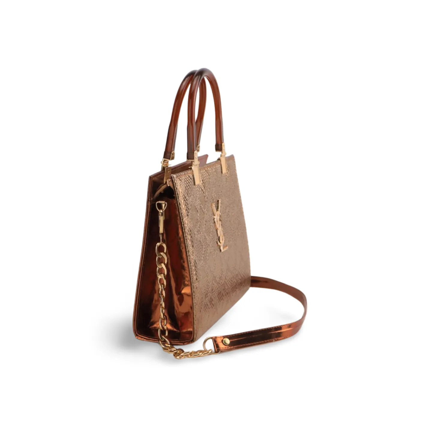 Stylish Crock Skin Handbag with Wooden Style Handles and Chain Strap