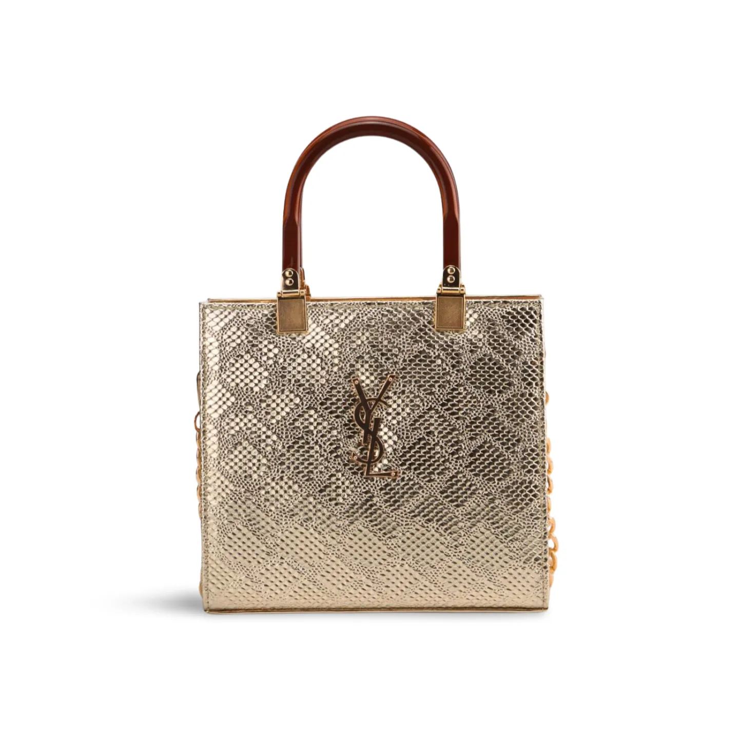 Stylish Crock Skin Handbag with Wooden Style Handles and Chain Strap