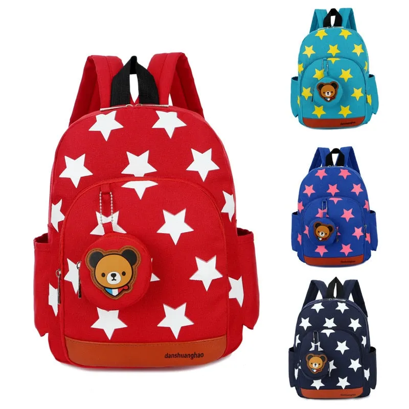 Stylish Kids' Star Print Nylon School Bags With Bear Pattern Hanging Bag