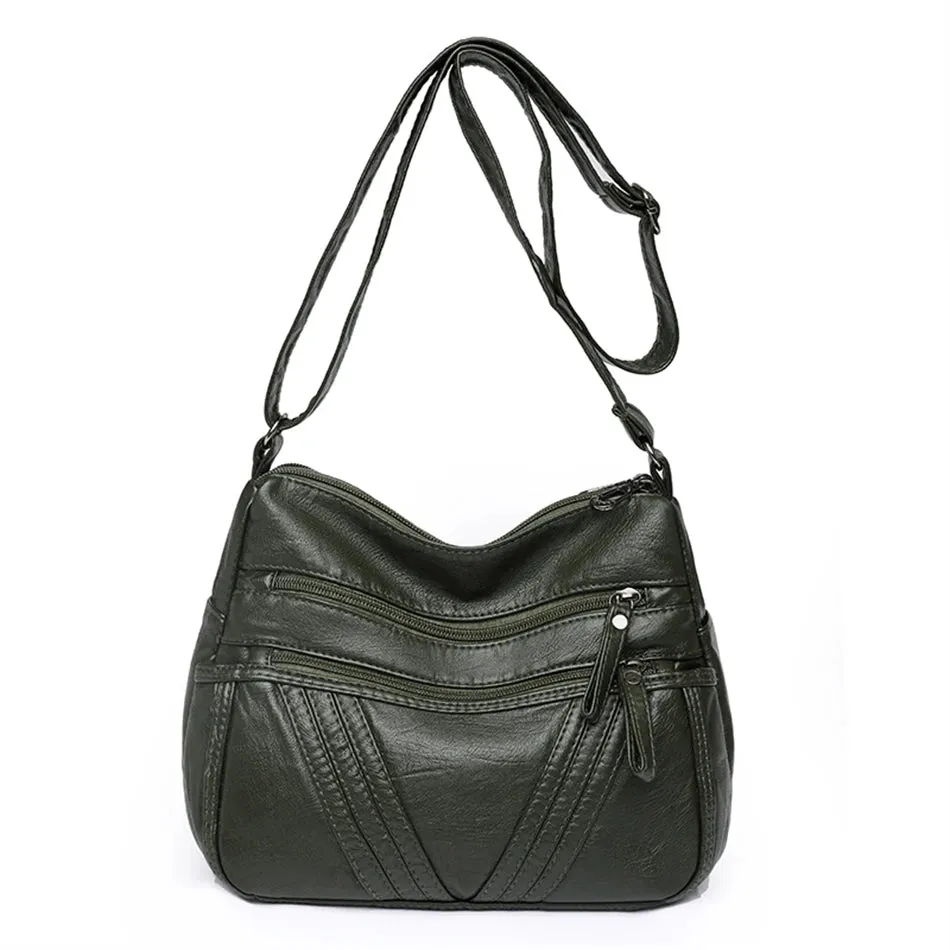 Zipped Leather Sling Bag with Multiple Compartments