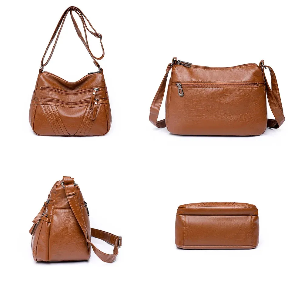 Zipped Leather Sling Bag with Multiple Compartments